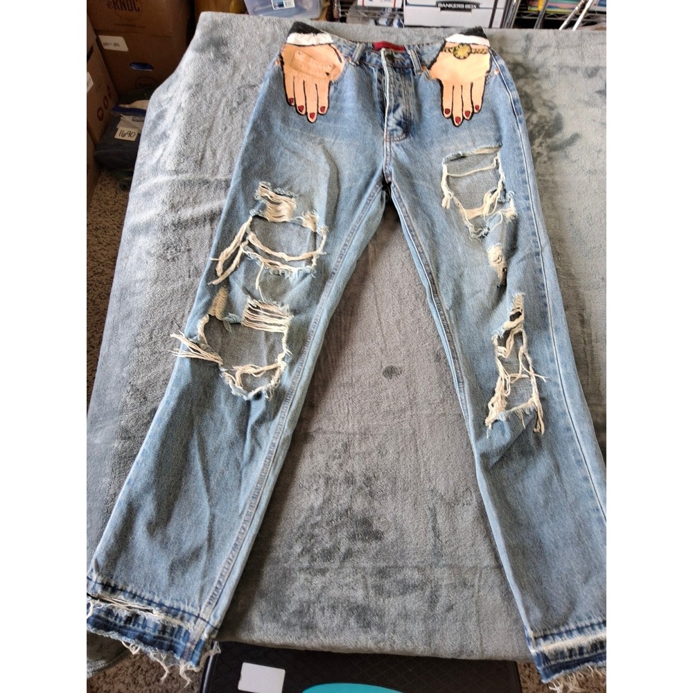 Signature 8 Hand Painted Distressed Jeans Womens Small Light Wash High Rise Rip